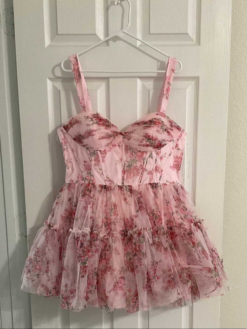 Girls' Pink Floral Tulle Dress with Strappy Bodice